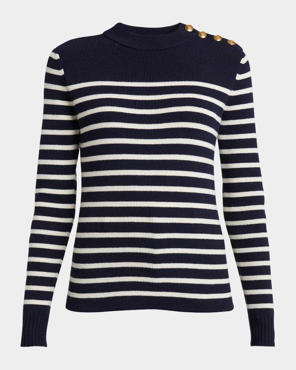 Button-Shoulder Striped Wool-Cashmere Sweater